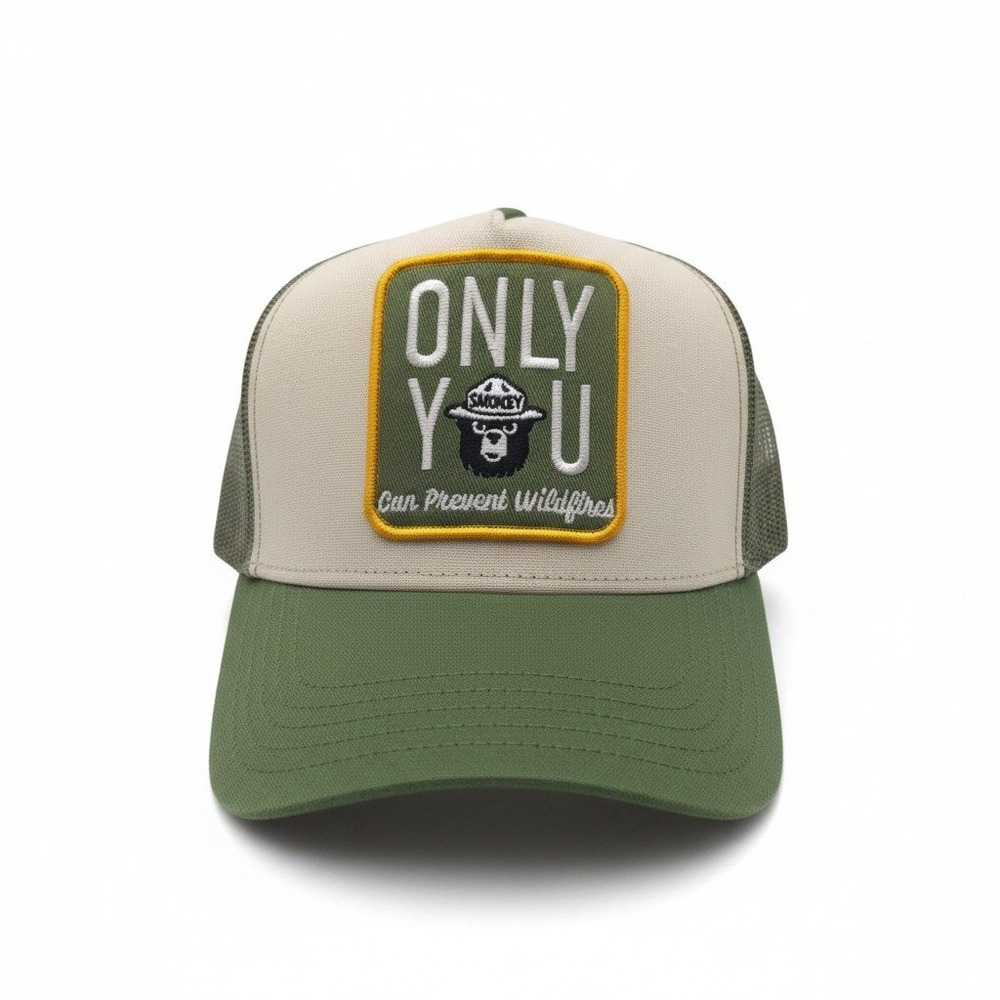 Smokey Bear Only You Prevent Wildfires Trucker Hat Mesh Snapback Green Cream NEW